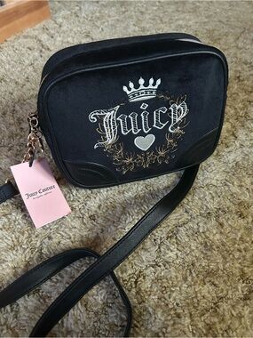 Juicy Couture Black Velour Licorice Heritage Crown Crossbody Camera Bag Purse